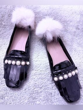 Zara Black Patent Loafers with Fur Pom Poms - Size 39